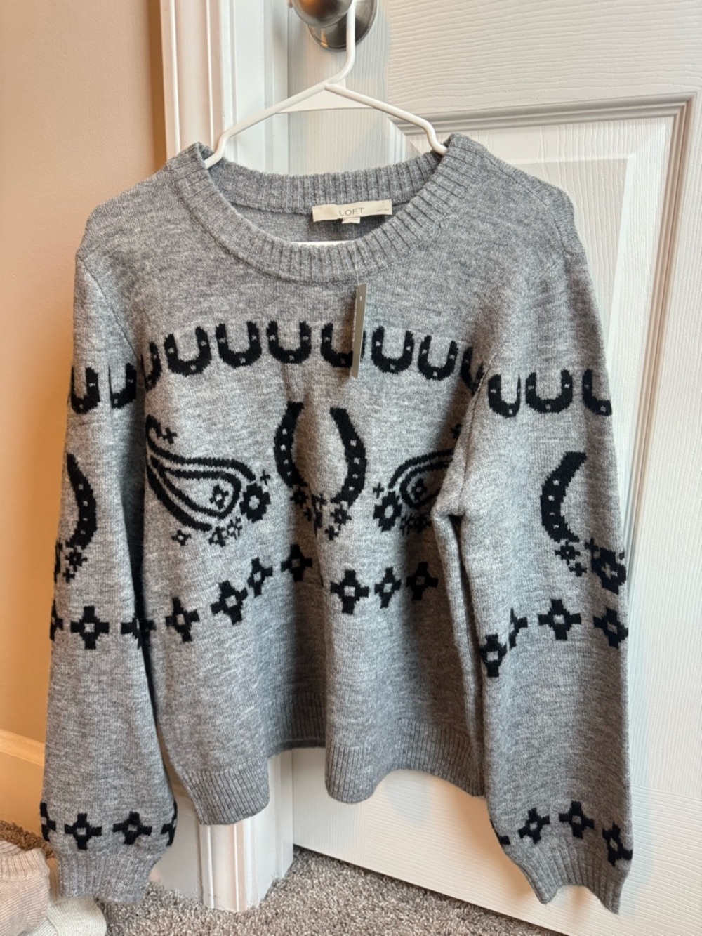 LOFT Gray Crewneck Sweater with Black Paisley & Horseshoe Motifs